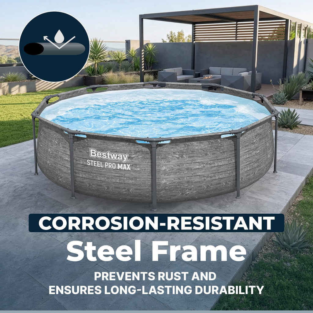 Bestway Steel Pro MAX 14' x 33" Round Above Ground Swimming Pool Set, 530 GPH Filter Pump, Tritech Puncture Resistant Liner, ClickConnect Steel Frame, Gray