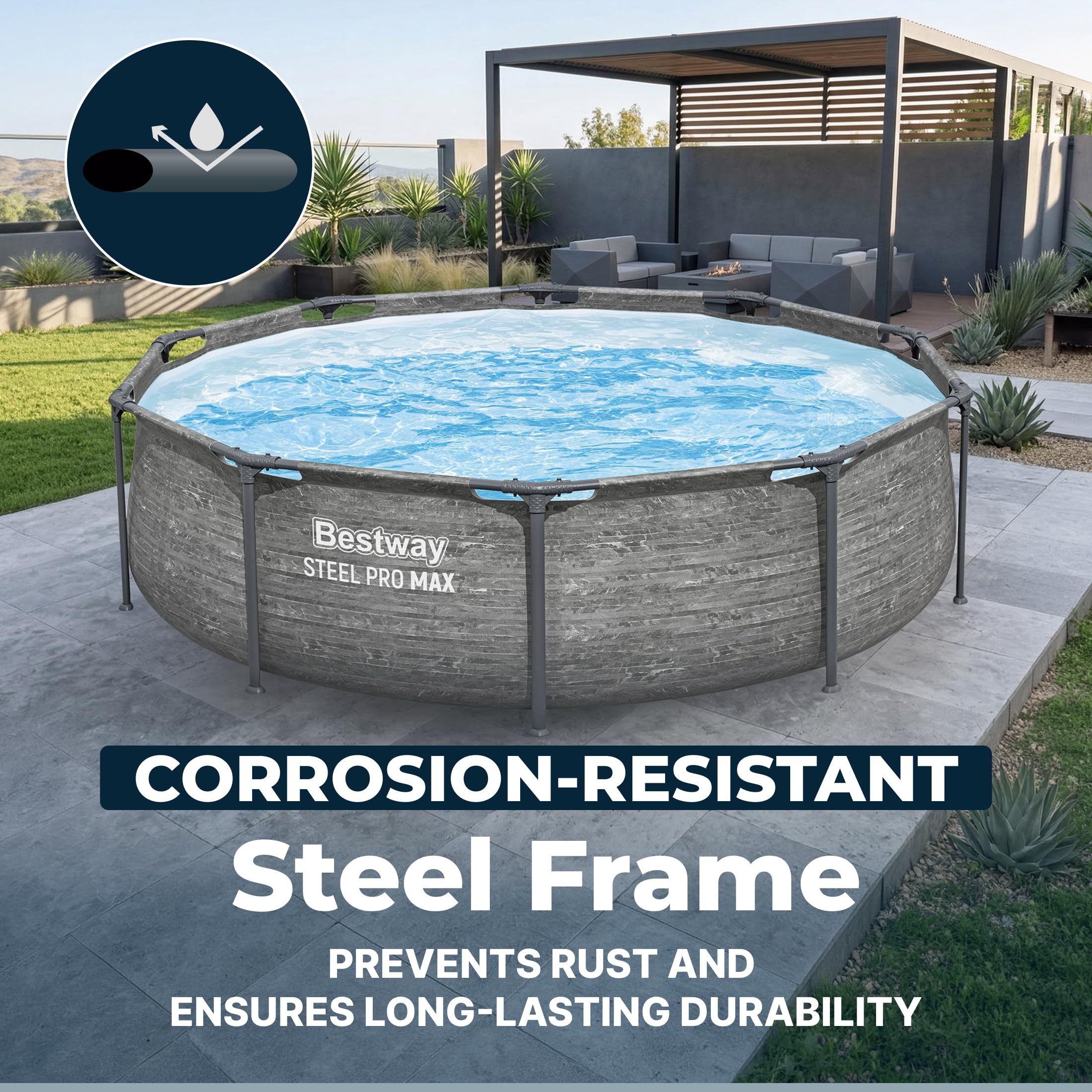 Bestway Steel Pro MAX 14' x 33" Round Above Ground Swimming Pool Set, 530 GPH Filter Pump, Tritech Puncture Resistant Liner, ClickConnect Steel Frame, Gray