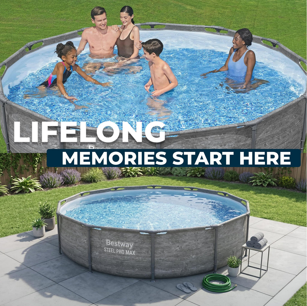 Bestway Steel Pro MAX 14' x 33" Round Above Ground Swimming Pool Set, 530 GPH Filter Pump, Tritech Puncture Resistant Liner, ClickConnect Steel Frame, Gray