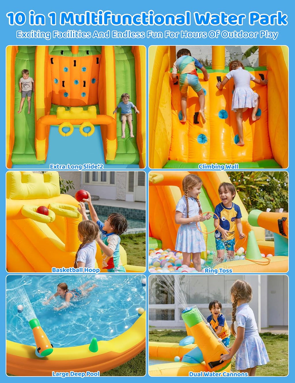 AirMyFun Inflatable Water Slide, 10 in 1 Multifunctional Water Park for Kids Backyard with Double Slides, Climbing Wall,2 Basketball Hoop,Dual Water Cannons, Inflatable Water Bounce House with Blower