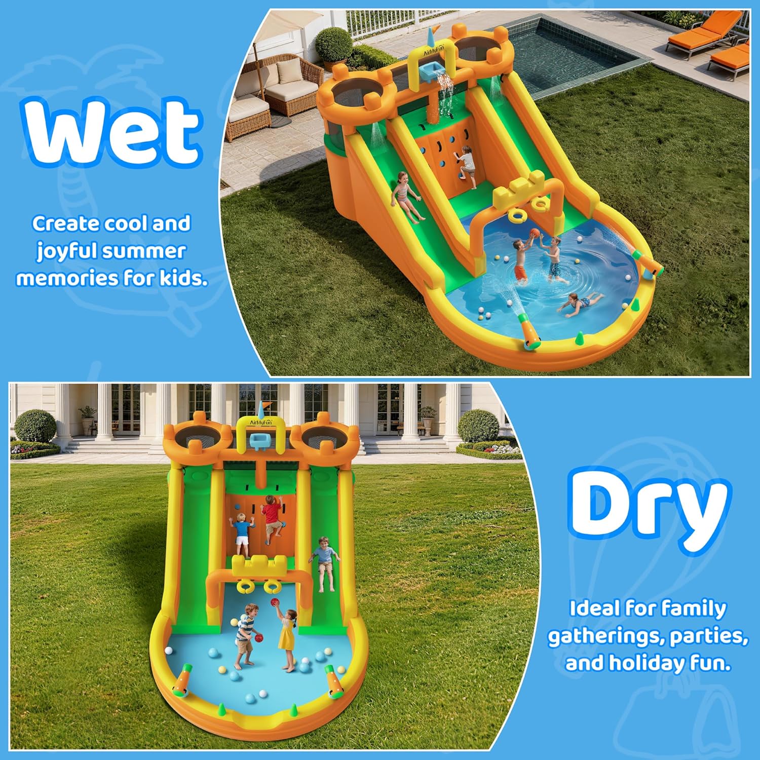 AirMyFun Inflatable Water Slide, 10 in 1 Multifunctional Water Park for Kids Backyard with Double Slides, Climbing Wall,2 Basketball Hoop,Dual Water Cannons, Inflatable Water Bounce House with Blower