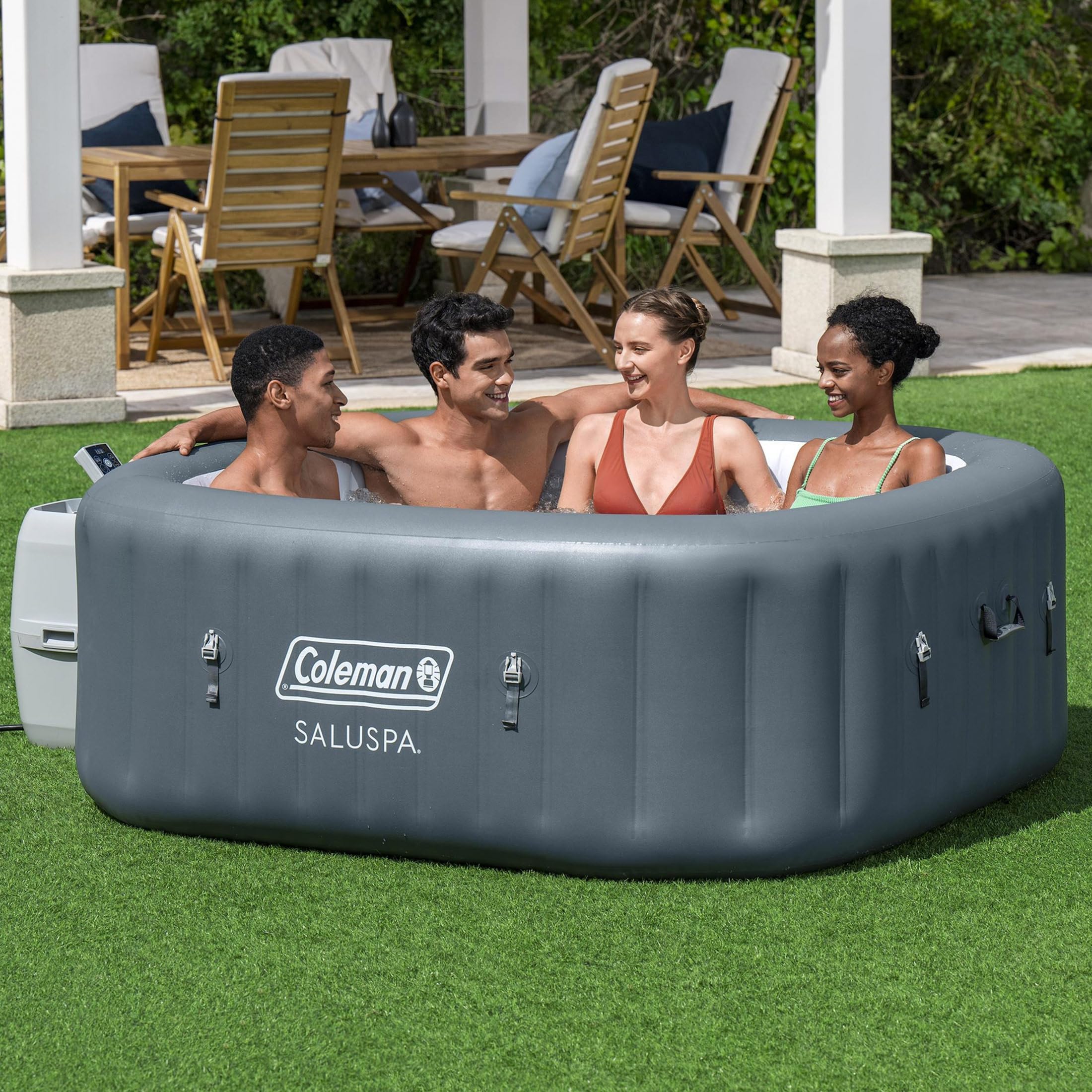 Coleman SaluSpa AirJet 4 to 6 Person Inflatable Hot Tub Square Portable Outdoor Spa with 140 Soothing AirJets and Insulated Cover, Gray