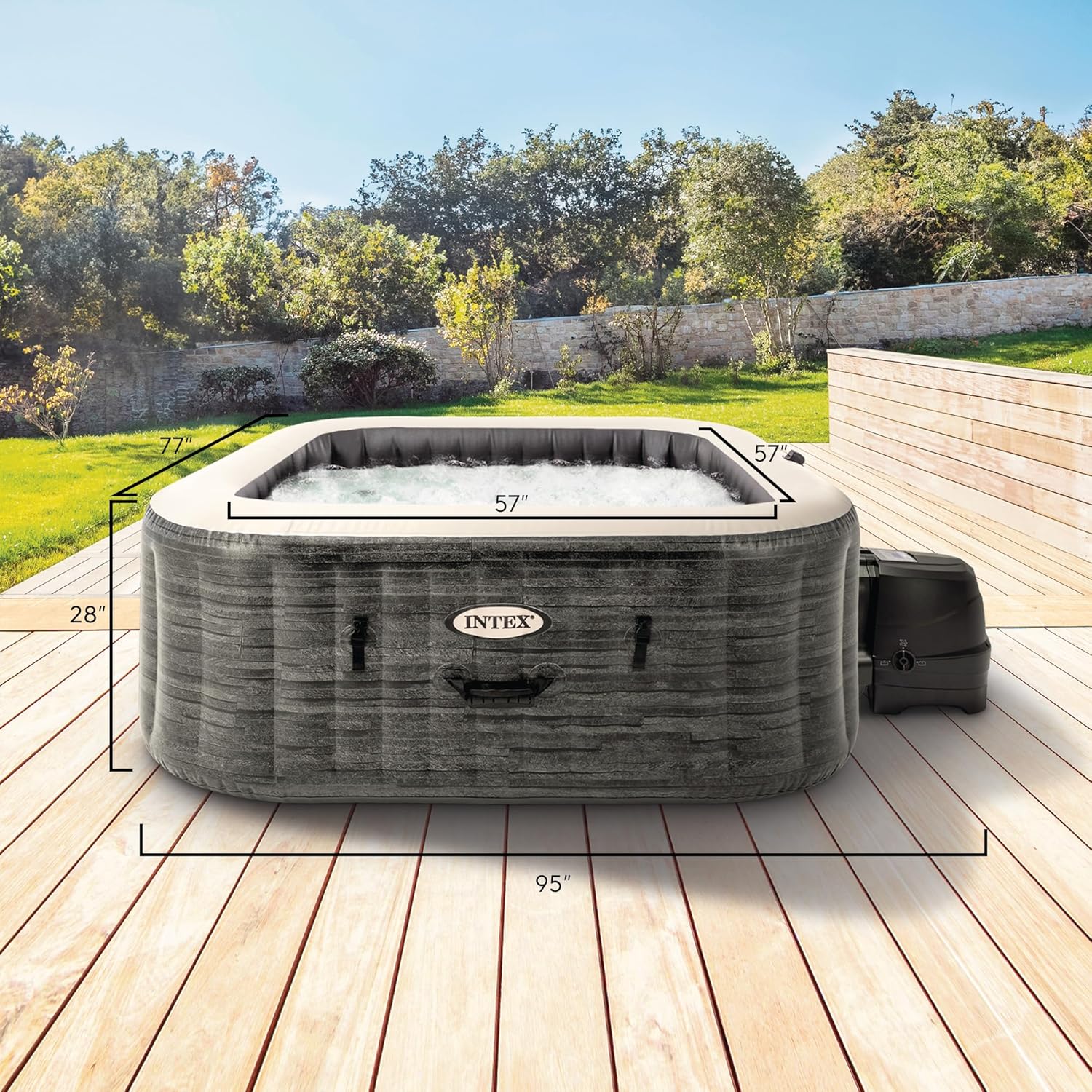 Intex PureSpa Plus Greystone Square Hot Tub 6 Person Inflatable 94" Outdoor Relaxing 170 AirJet Spa Bundled with 4 PureSpa Cushioned Headrest Pillows