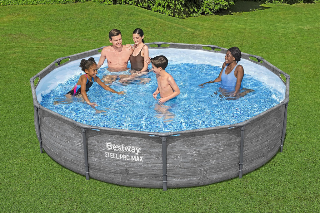 Bestway Steel Pro MAX 14' x 33" Round Above Ground Swimming Pool Set, 530 GPH Filter Pump, Tritech Puncture Resistant Liner, ClickConnect Steel Frame, Gray