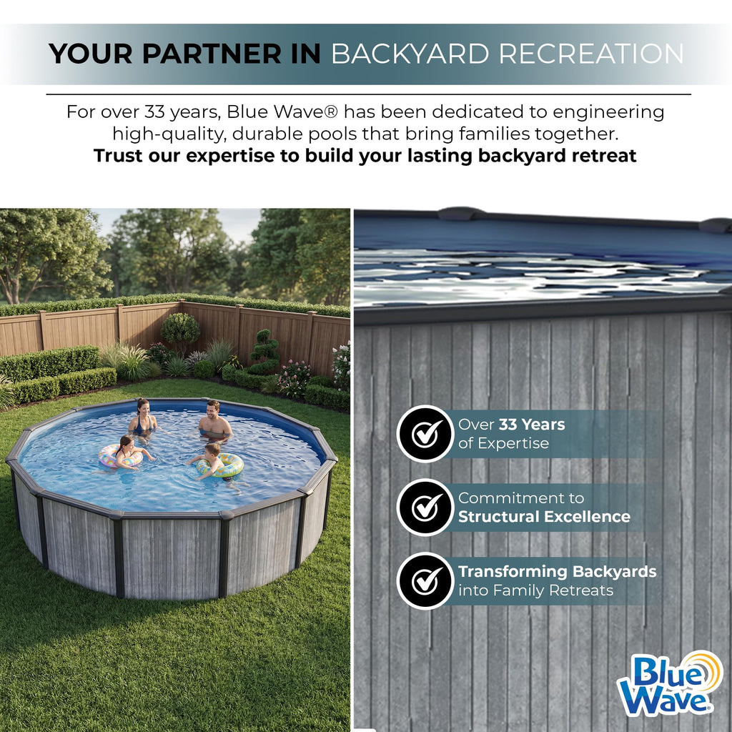 Blue Wave San Pedro 24-ft Round 52-in Deep Hard Sided Steel Frame Above Ground Pool with 6-in Steel Top Seats, Dual-Speed Sand Filter System, Ladder, Skimmer & Liner – 12,600 Gallon Cap for Family Use