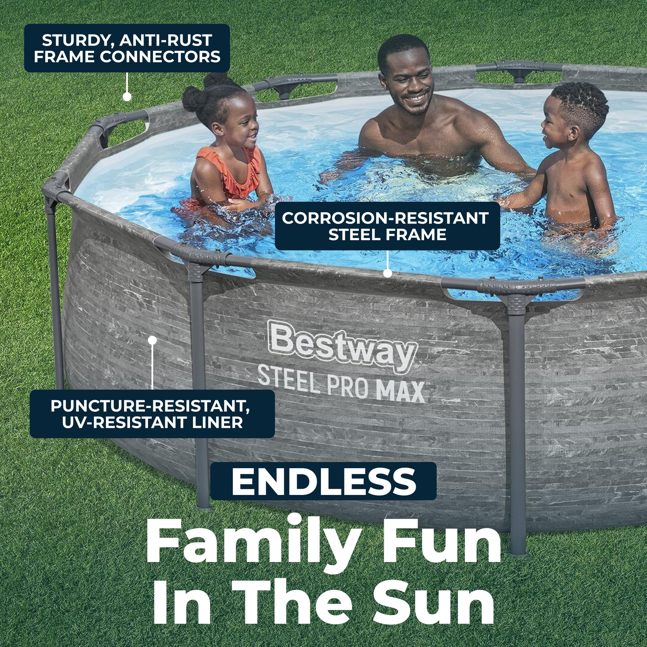 Bestway Steel Pro MAX 14' x 33" Round Above Ground Swimming Pool Set, 530 GPH Filter Pump, Tritech Puncture Resistant Liner, ClickConnect Steel Frame, Gray