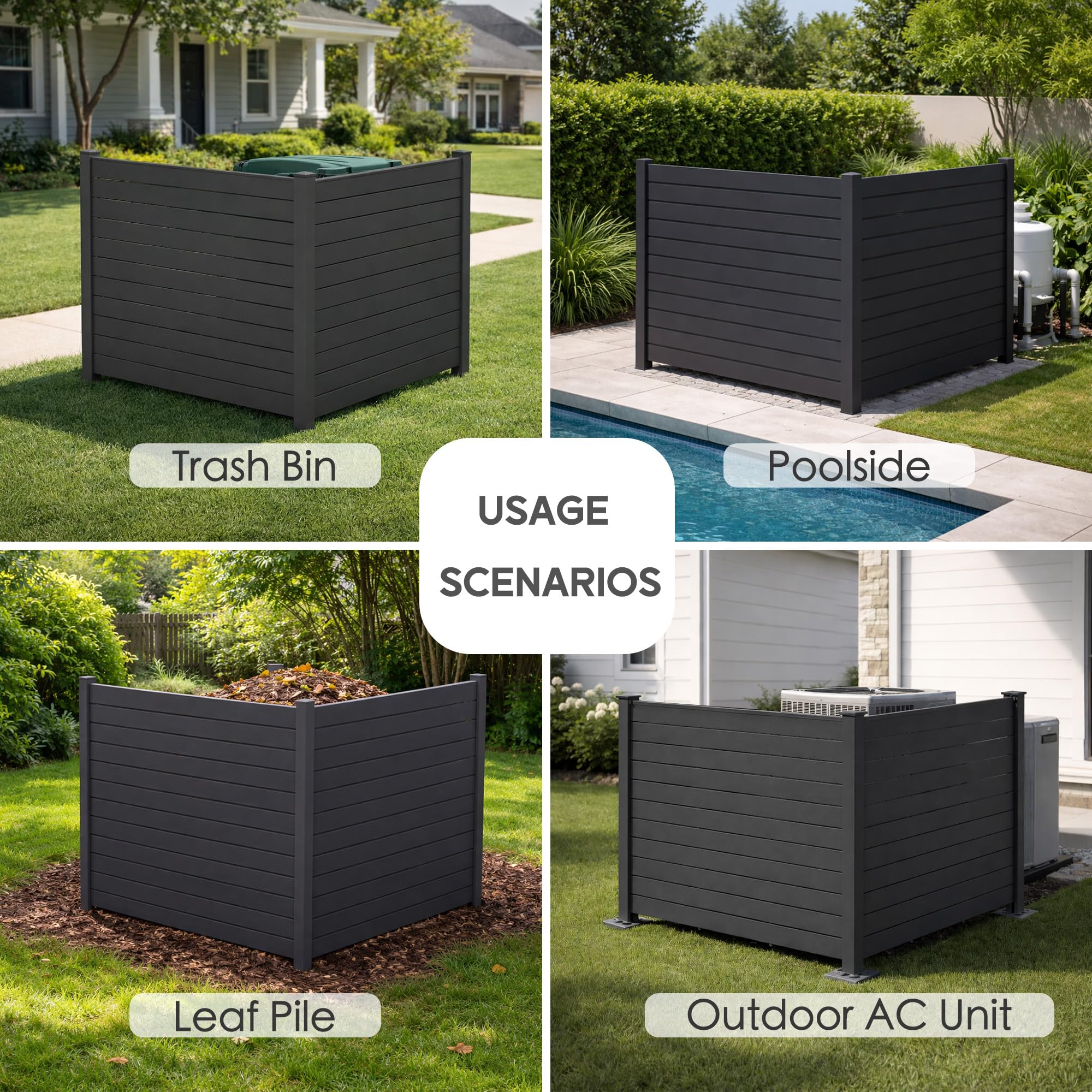 Kozyard 50" W x 48" H Outdoor Privacy Screens Aluminum Post, Air Conditioner Fence Panels, Pool Equipment Enclosure, Trash Can Screens Fence Kit for Outside Backyard Patio(Black/4Panels)