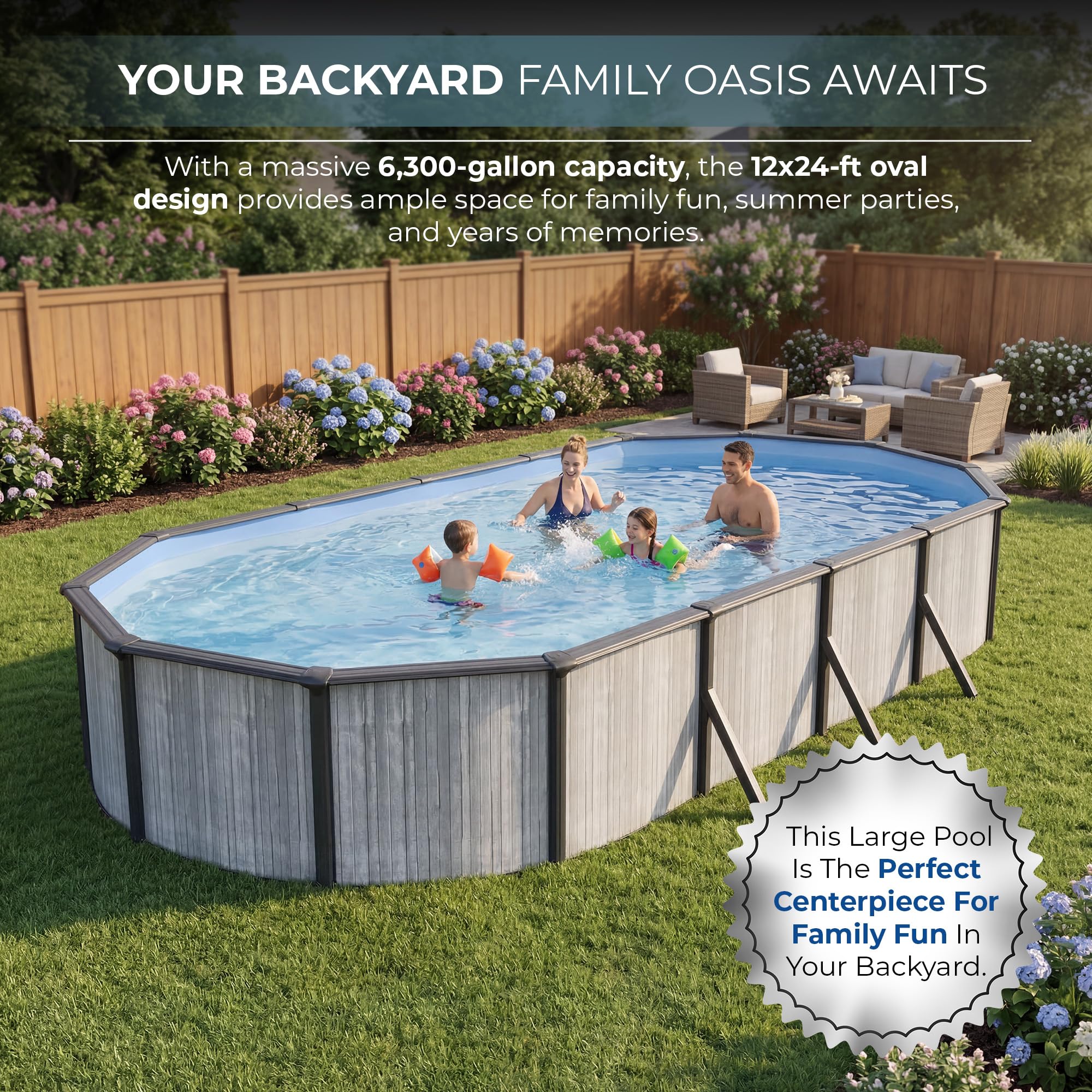 Blue Wave San Pedro 24-ft Round 52-in Deep Hard Sided Steel Frame Above Ground Pool with 6-in Steel Top Seats, Dual-Speed Sand Filter System, Ladder, Skimmer & Liner – 12,600 Gallon Cap for Family Use