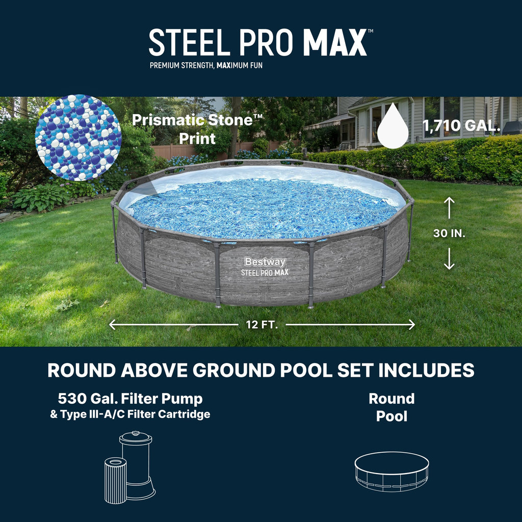 Bestway Steel Pro MAX 14' x 33" Round Above Ground Swimming Pool Set, 530 GPH Filter Pump, Tritech Puncture Resistant Liner, ClickConnect Steel Frame, Gray