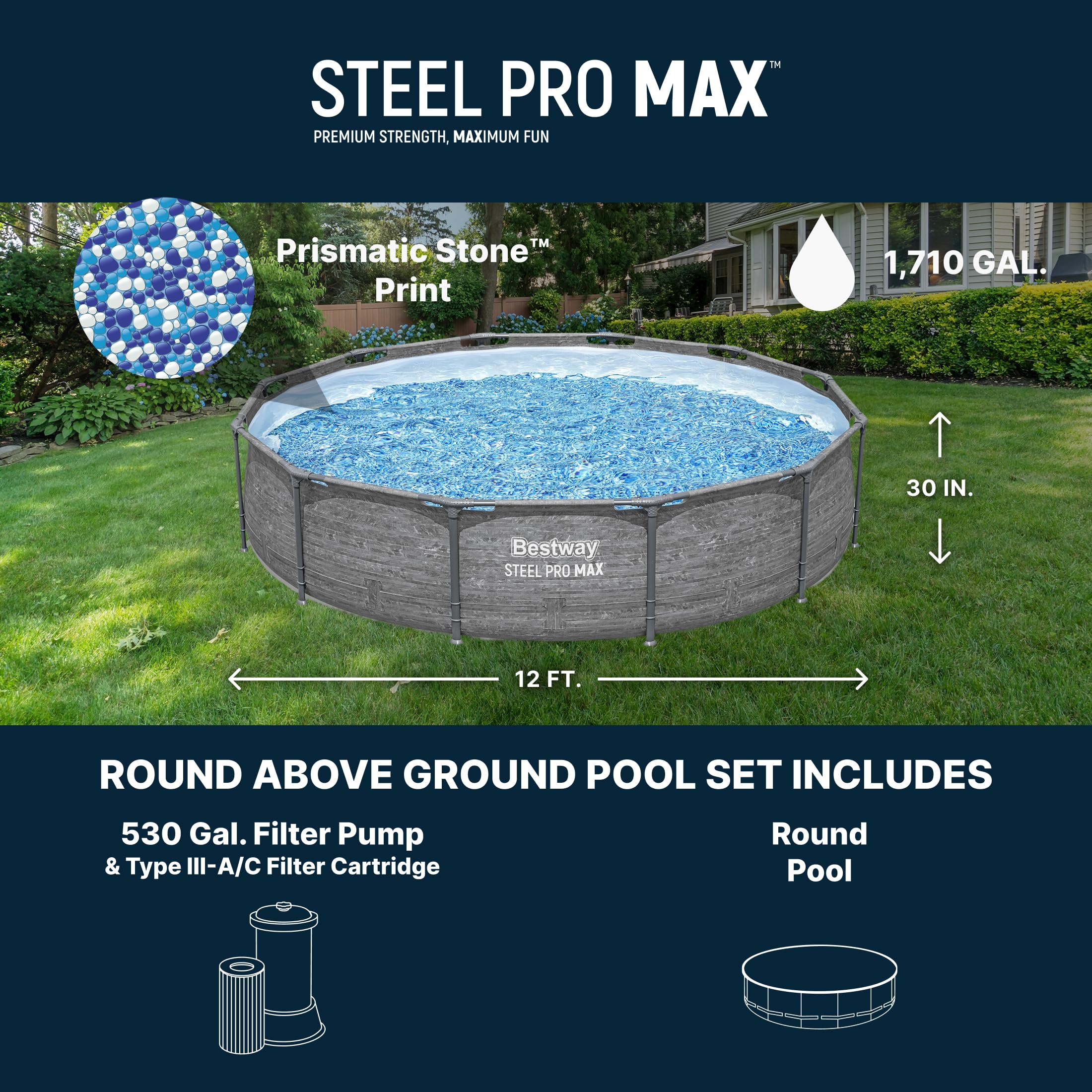Bestway Steel Pro MAX 14' x 33" Round Above Ground Swimming Pool Set, 530 GPH Filter Pump, Tritech Puncture Resistant Liner, ClickConnect Steel Frame, Gray