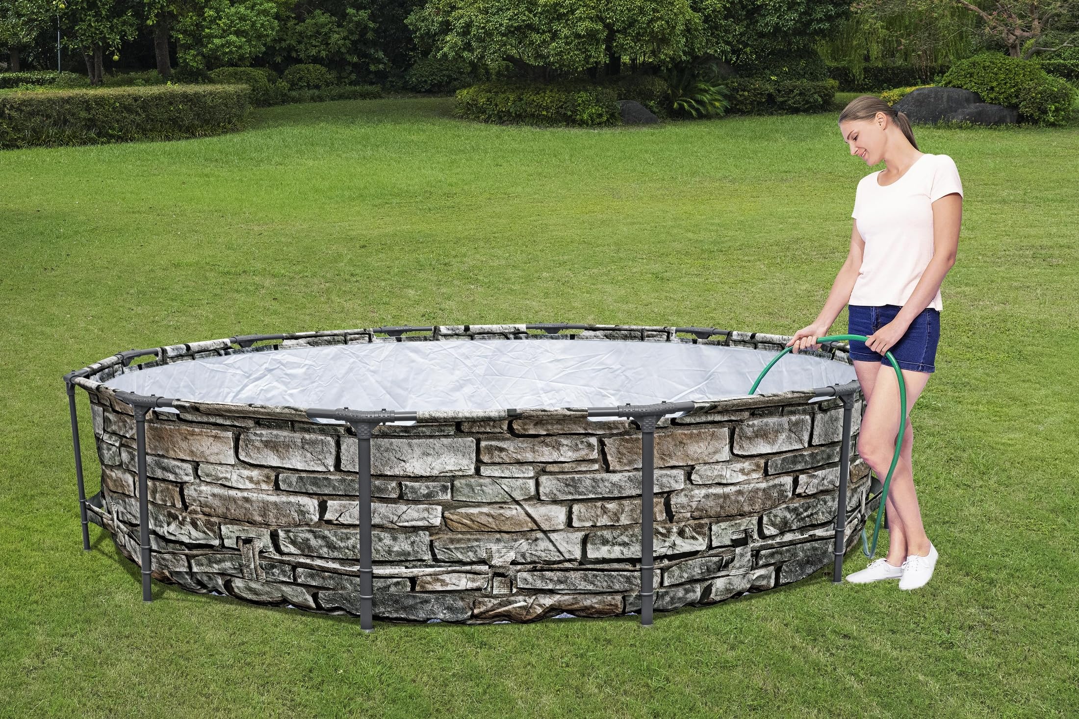 Bestway Steel Pro MAX 14' x 33" Round Above Ground Swimming Pool Set, 530 GPH Filter Pump, Tritech Puncture Resistant Liner, ClickConnect Steel Frame, Gray