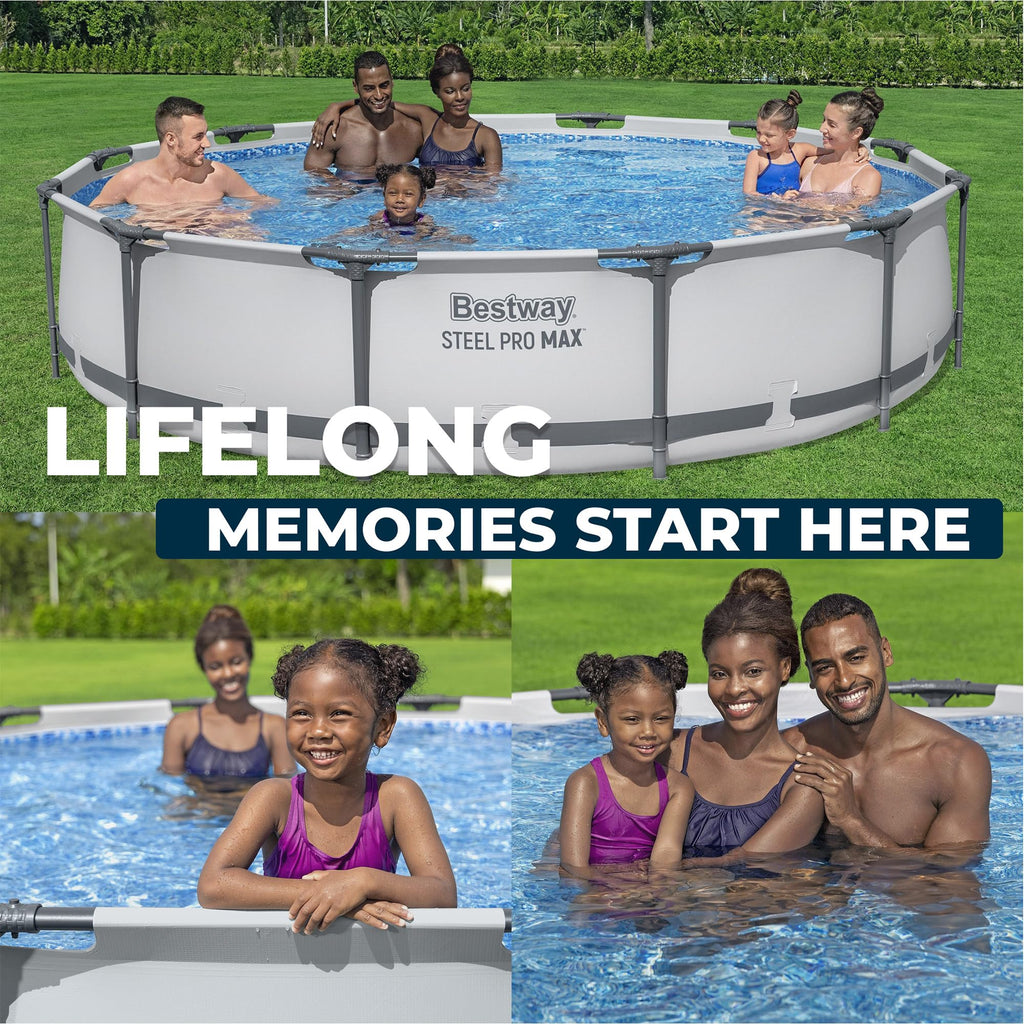 Bestway Steel Pro MAX 14' x 33" Round Above Ground Swimming Pool Set, 530 GPH Filter Pump, Tritech Puncture Resistant Liner, ClickConnect Steel Frame, Gray