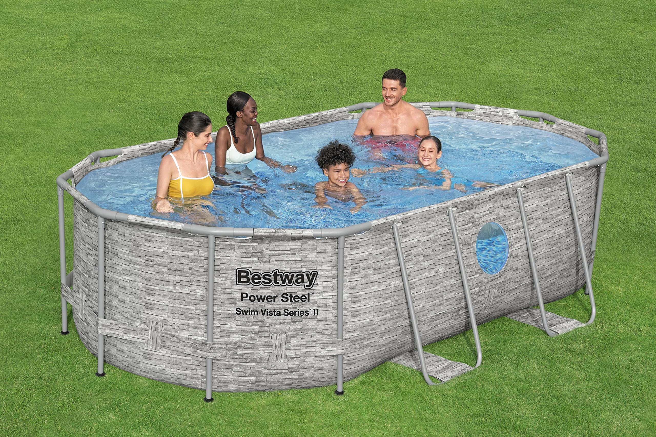 Bestway Steel Pro MAX 14' x 8'2" x 39.5" Oval Above Ground Swimming Pool Set, 530 GPH Filter Pump, Ladder, Tritech Puncture Resistant Liner, ClickConnect Steel Frame, Gray