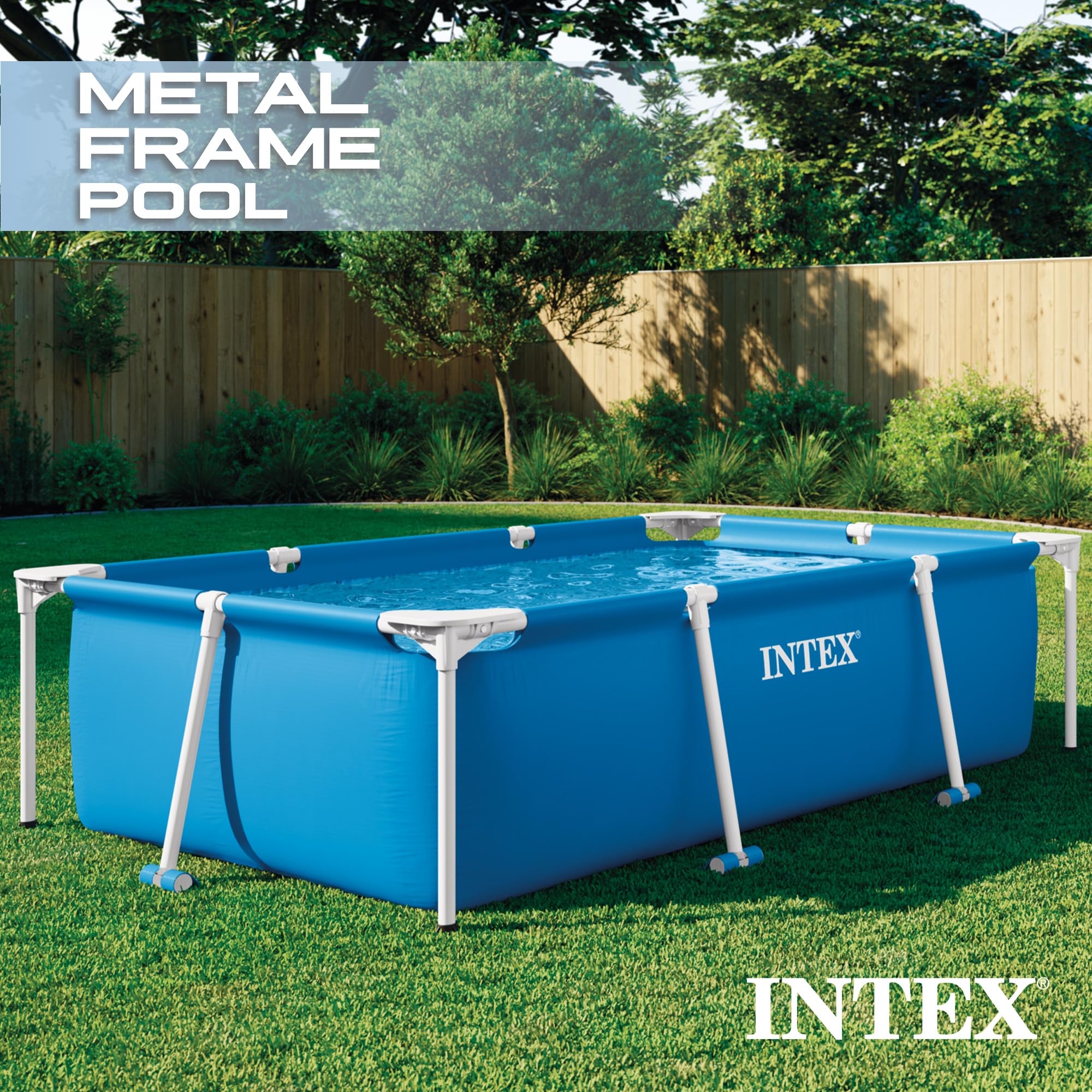 INTEX Rectangular Frame 9 ft 10 in x 6 ft 6.75 in x 29.5 in Above Ground Pool, Swimming Pool with Steel Frame, Pump Not Included