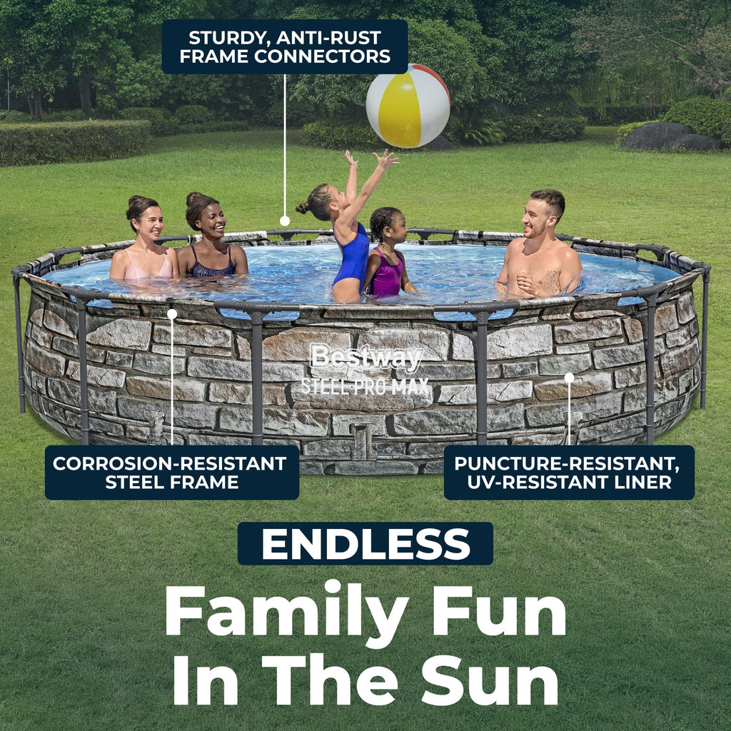 Bestway Steel Pro MAX 14' x 33" Round Above Ground Swimming Pool Set, 530 GPH Filter Pump, Tritech Puncture Resistant Liner, ClickConnect Steel Frame, Gray