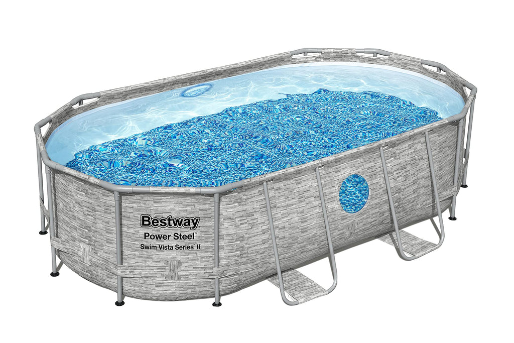 Bestway Steel Pro MAX 14' x 8'2" x 39.5" Oval Above Ground Swimming Pool Set, 530 GPH Filter Pump, Ladder, Tritech Puncture Resistant Liner, ClickConnect Steel Frame, Gray