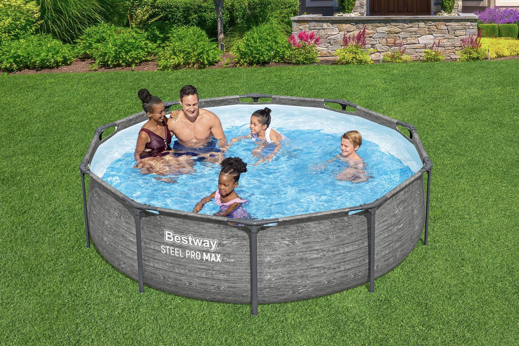 Bestway Steel Pro MAX 14' x 33" Round Above Ground Swimming Pool Set, 530 GPH Filter Pump, Tritech Puncture Resistant Liner, ClickConnect Steel Frame, Gray