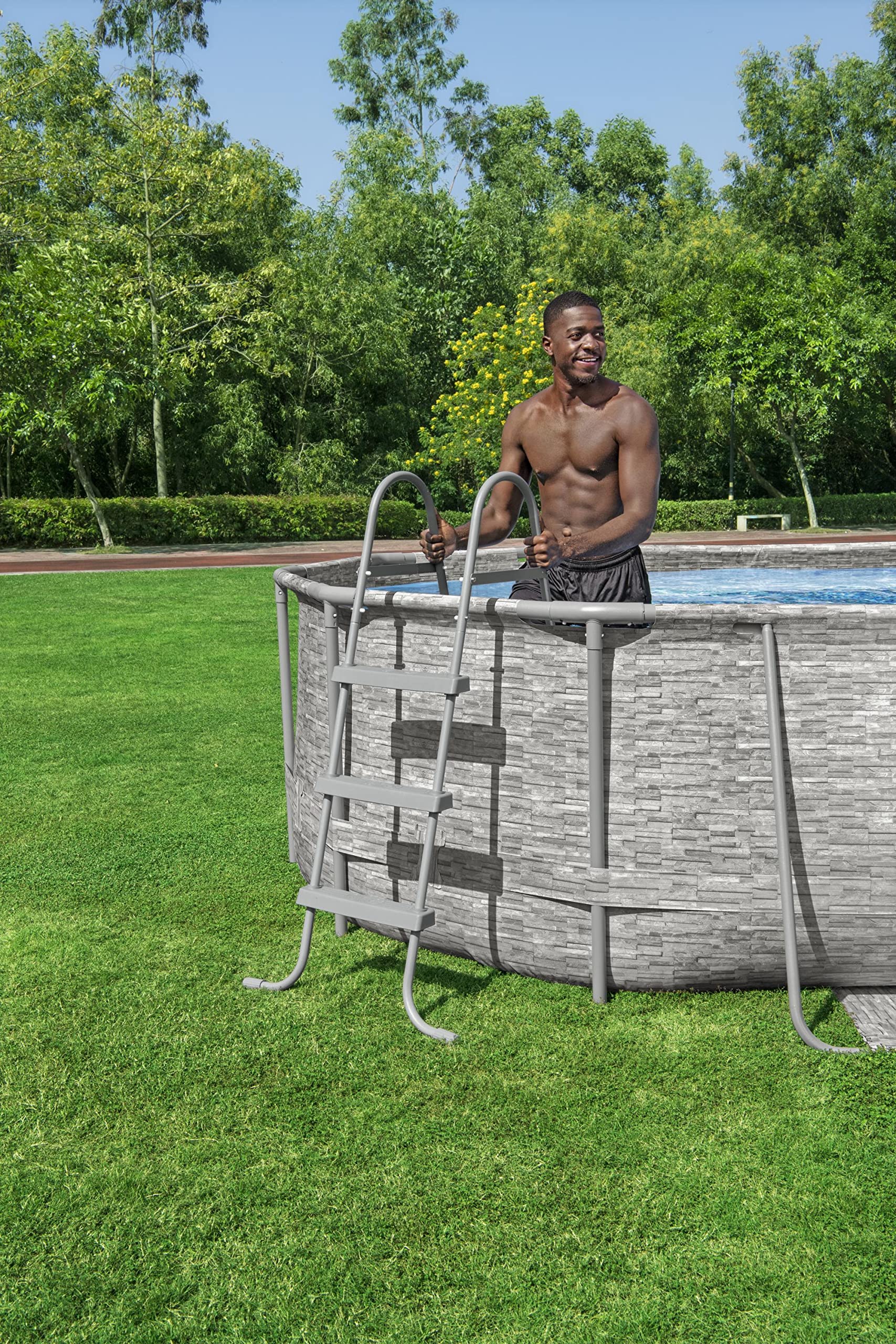 Bestway Steel Pro MAX 14' x 8'2" x 39.5" Oval Above Ground Swimming Pool Set, 530 GPH Filter Pump, Ladder, Tritech Puncture Resistant Liner, ClickConnect Steel Frame, Gray