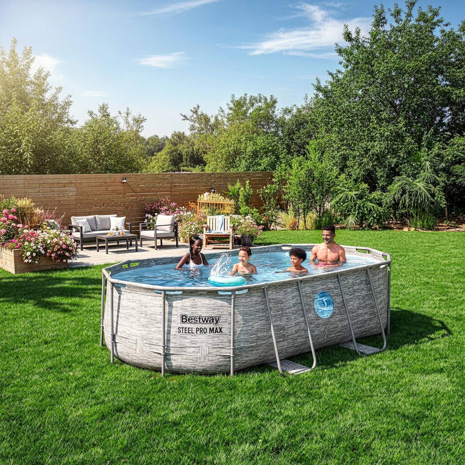 Bestway Power Steel Swim Vista 14’ x 8'2" x 39.5” Above Ground Pool, Oval Metal Frame Outdoor Swimming Pool Set with Filter Pump, Ladder, and Cover