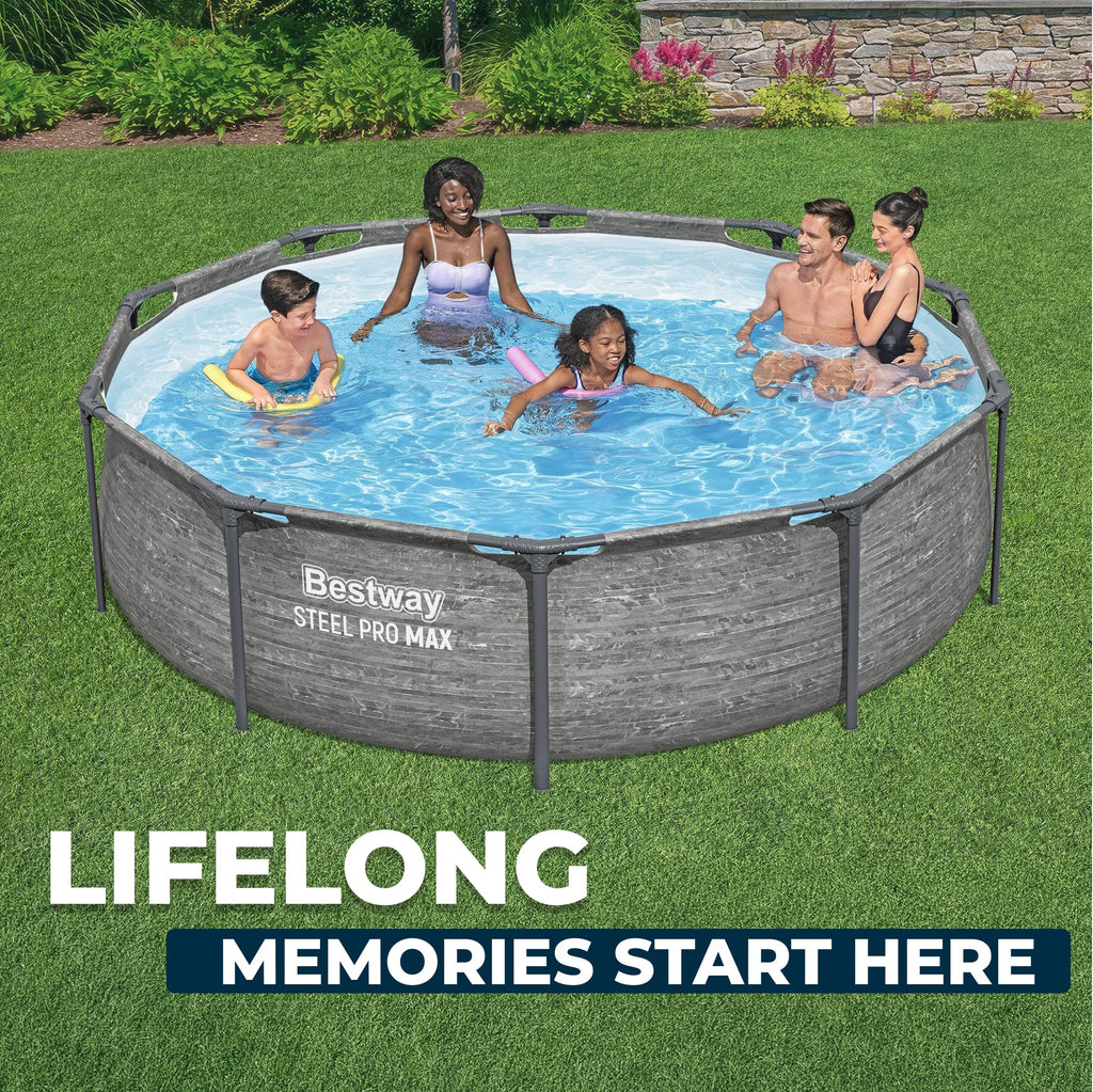 Bestway Steel Pro MAX 14' x 33" Round Above Ground Swimming Pool Set, 530 GPH Filter Pump, Tritech Puncture Resistant Liner, ClickConnect Steel Frame, Gray